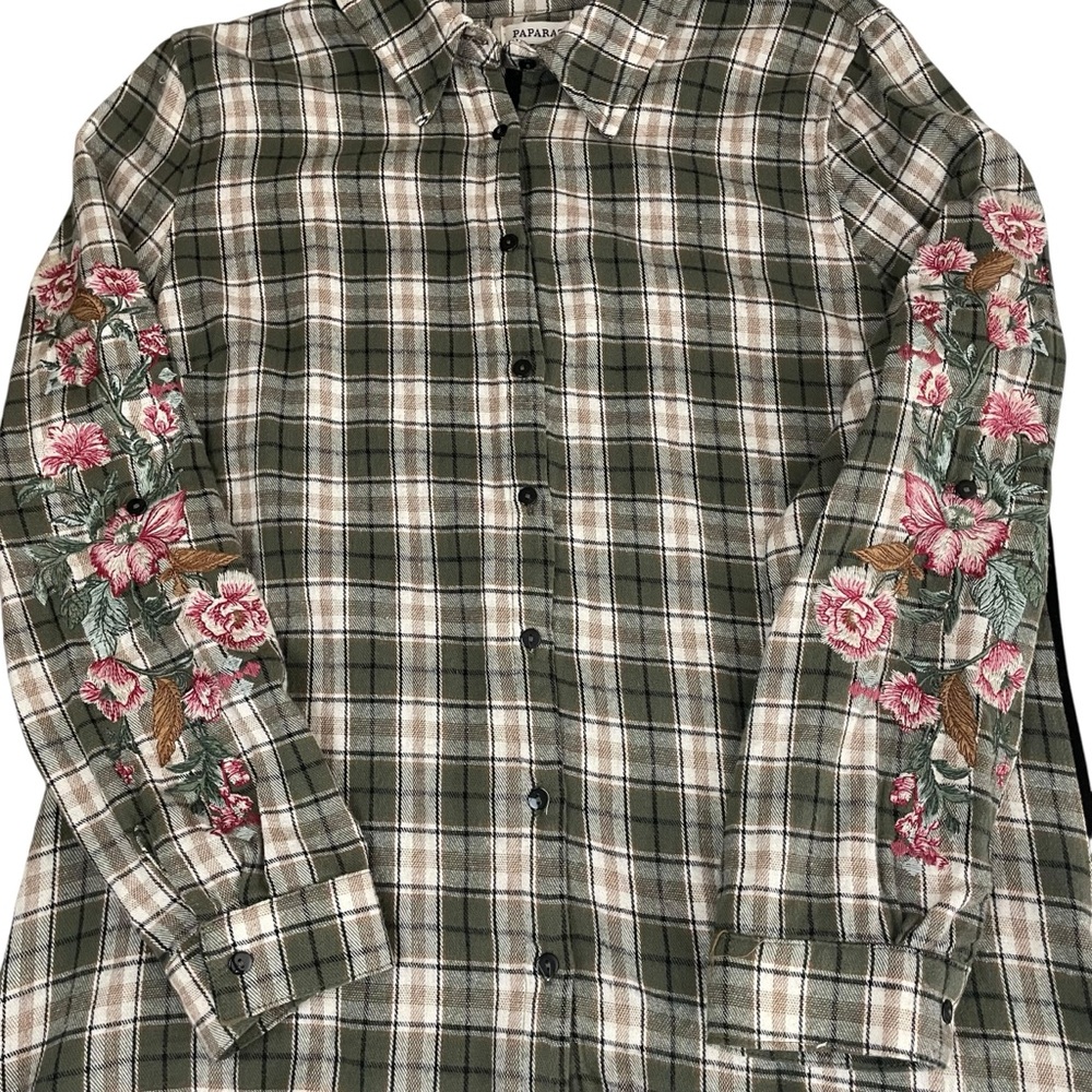 Paparazzi‎ Velvet Floral Embroidered Back Plaid Flannel Western Boho Shirt Large - Picture 5 of 12